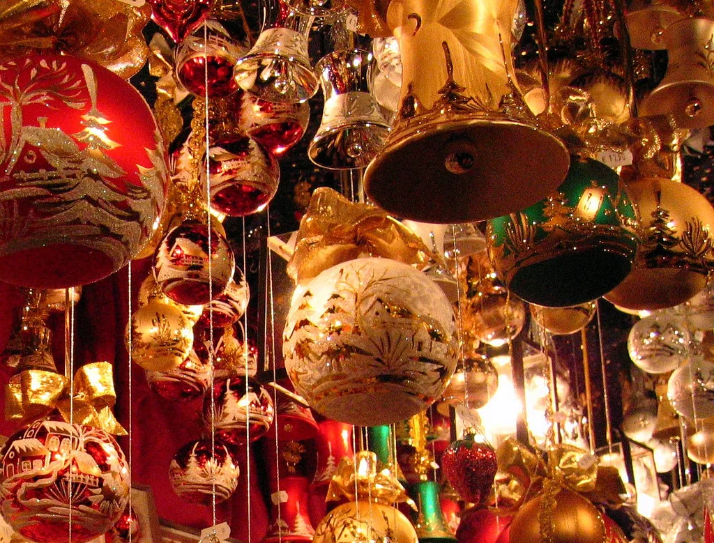 Decorative Christmas baubles and bells at a Nuremberg market stall